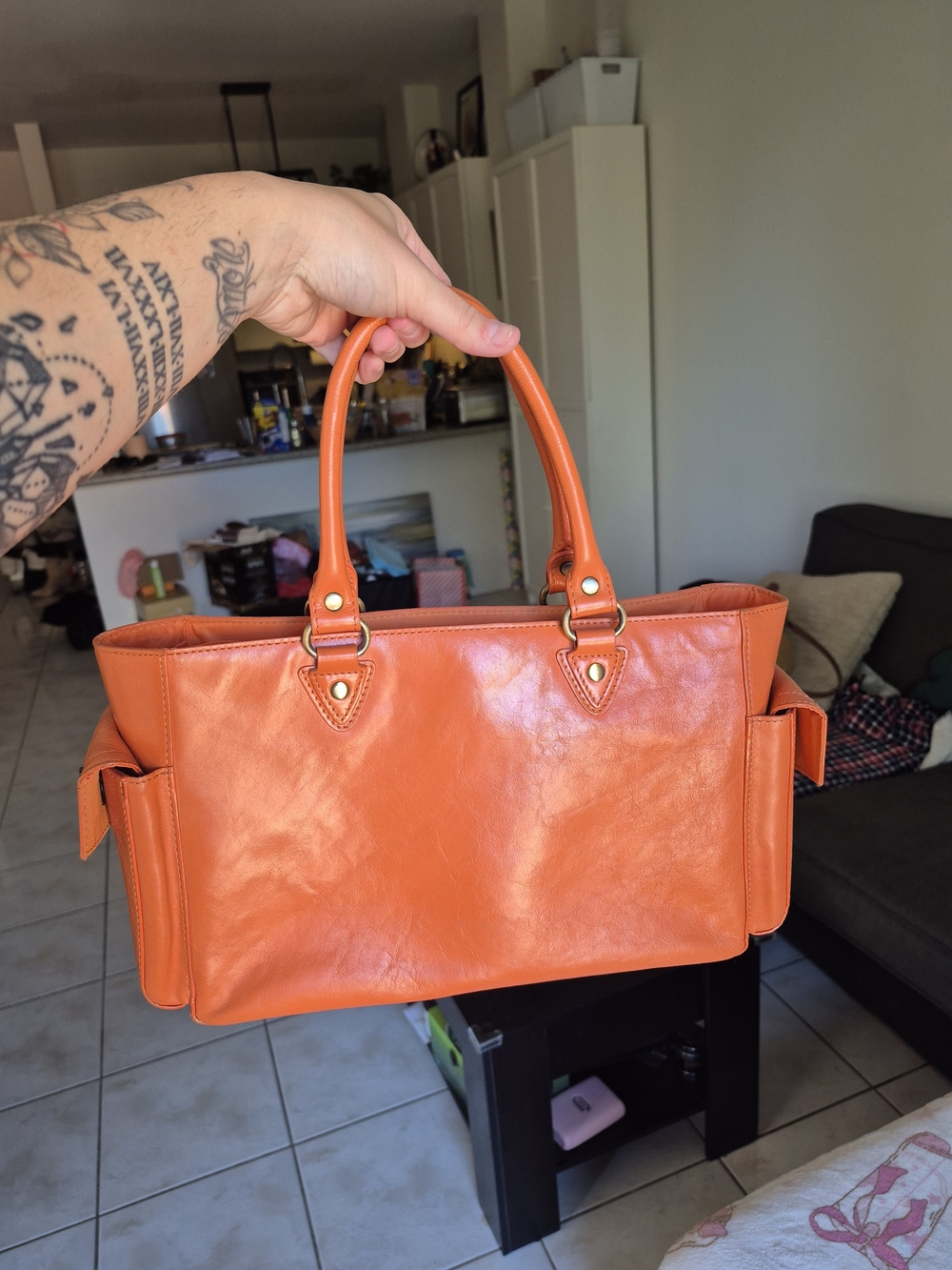 Danier Orange Leather Tote with Side Pockets